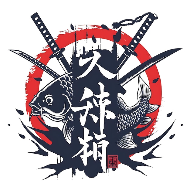 Logo du samurai féodal Mon avec poisson Koi et épées Katana pour T-shirt dessin à l'encre de tatouage CNC