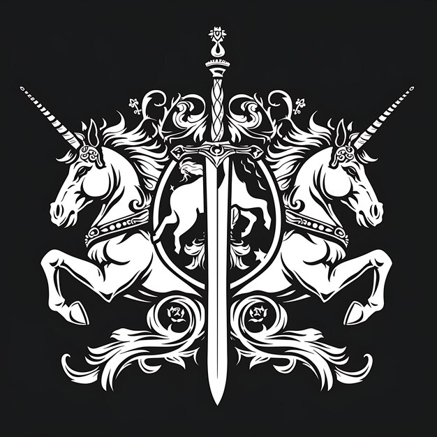 Logo de l'emblème héraldique des chevaliers de la Renaissance avec des licornes et un contour d'encre de tatouage de T-shirt Sw Design CNC