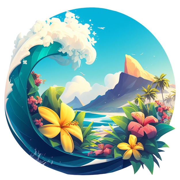 Logo d'emblème rond d'illustration de style dessin animé 3D tropical avec paysage hawaïen