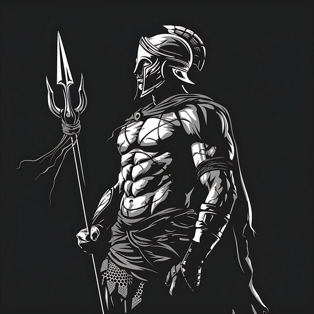 Logo Gladiateur romain avec un trident et un filet un regard concentré dans un T-shirt Tattoo Collage Design Art