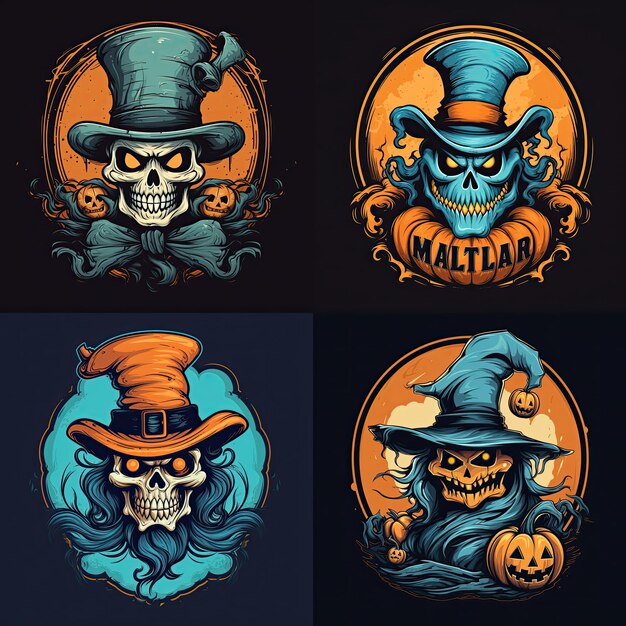 Logo d'Halloween avec des caractères vintage aux couleurs orange et bleu clair