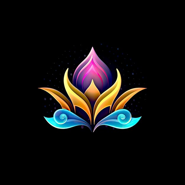Logo d'icône de fleur de Lotus coloré brillant sur fond sombre AI générative