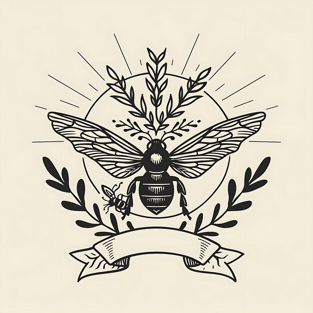 Photo logo de l'insigne thyme sprig avec bannière décorative et une abeille sur s t-shirt à contour de tatouage simple