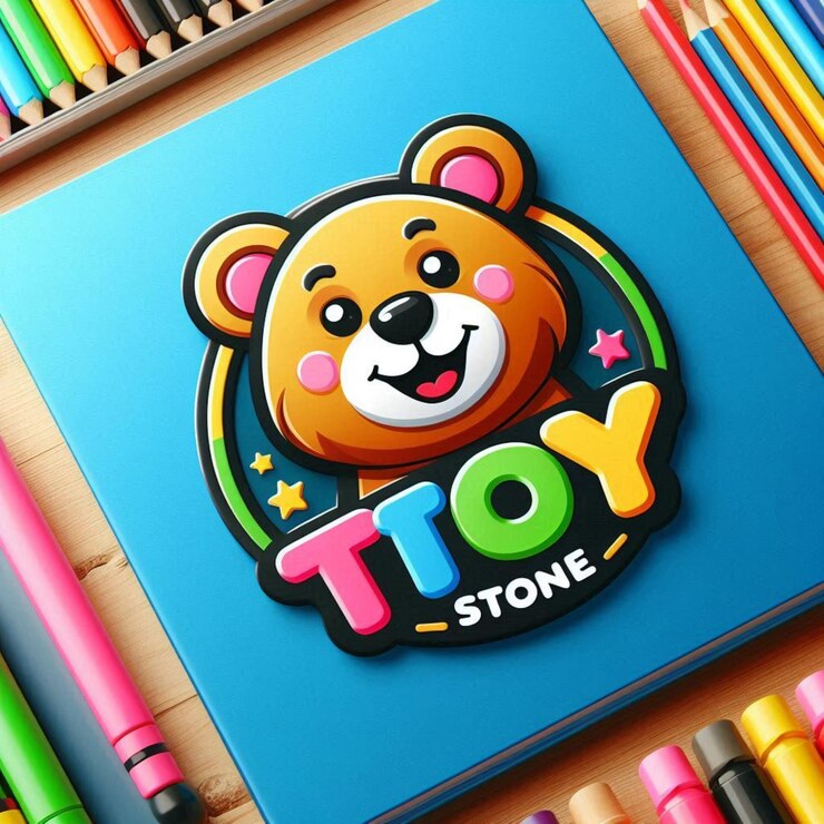 Un logo ludique pour un magasin de jouets pour enfants avec un ours souriant et des couleurs vives