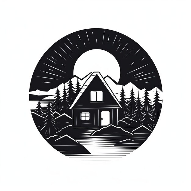 Photo le logo de la maison de la montagne noire et blanche est imprimé dans un style rétro.