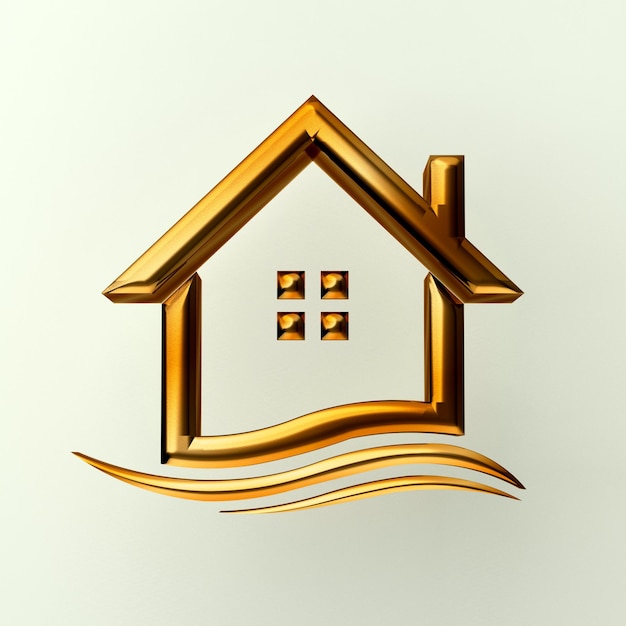 Logo de maisons immobilières en couleur or et fond blanc Illustration de rendu 3D
