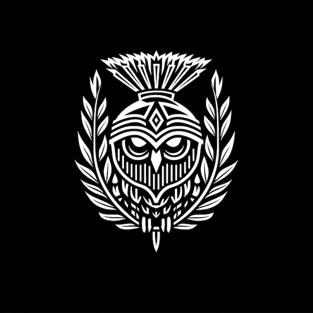 Logo de la mascotte de l'animal owl intelligent avec le casque d'Athène grecque Design d'encre de tatouage simple Outline Art