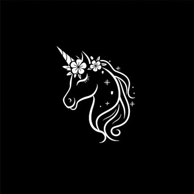 Photo logo de la mascotte de la licorne mystique avec une couronne de fleurs et une étincelledesign d'encre de tatouage simple outline art