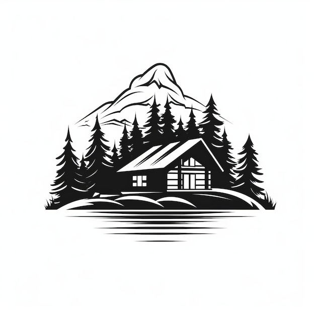 Logo de montagne avec paysage côtier de cabane en noir et blanc