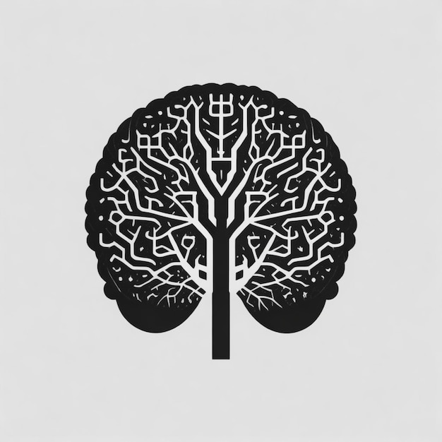 Un logo noir moderne avec une silhouette de cerveau au centre