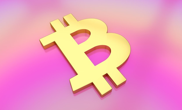 Logo de pièce de monnaie bitcoin 3d or et fond rose réfléchi