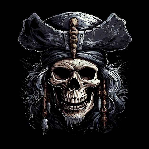 Le logo des pirates du crâne dessiné sur un t-shirt tatoué avec une illustration d'art sombre isolée sur un fond noir