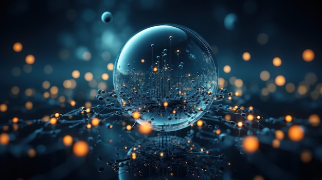 Un logo réaliste d'une bulle bleue avec une sphère de carbone à l'intérieur entourée de molécules d'oxygène Créé avec Generative AI