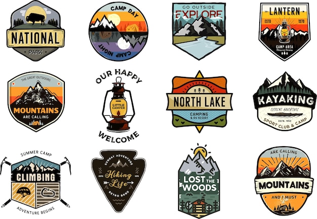 Le logo Retro Camp Badge Adventure est isolé sur un fond blanc.