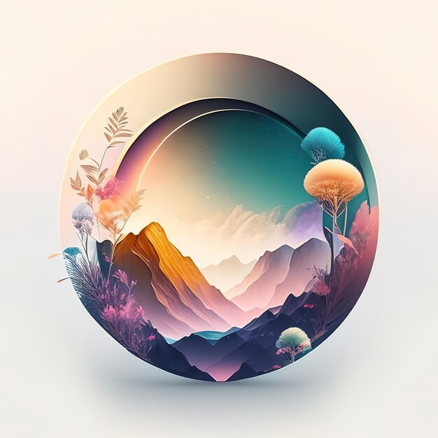 Logo rond dans la nature avec montagnes et coucher de soleil Generative AI