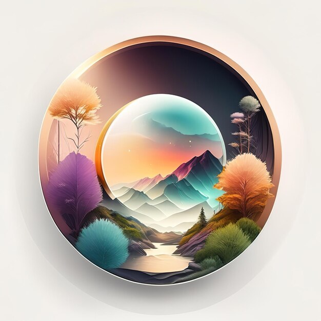 Logo rond dans la nature avec montagnes et coucher de soleil Generative AI