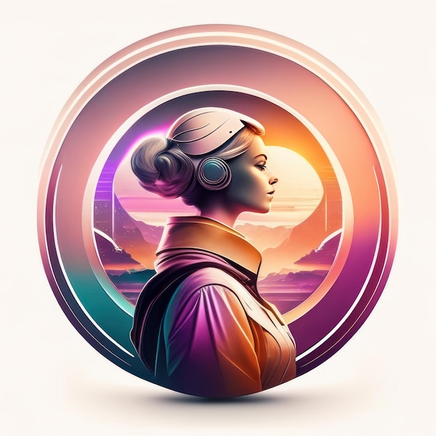 Logo rond moderne avec femme futuriste aux couleurs douces et lumière en arrière-plan IA générative