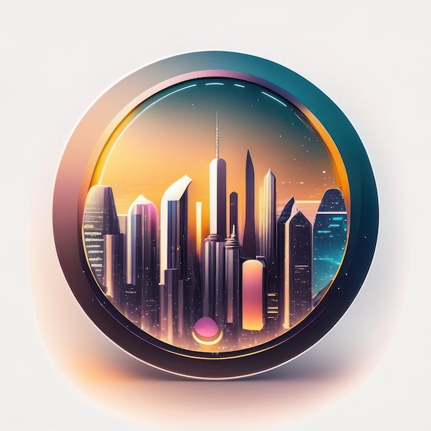 Logo rond moderne avec une ville futuriste dans des couleurs douces AI générative