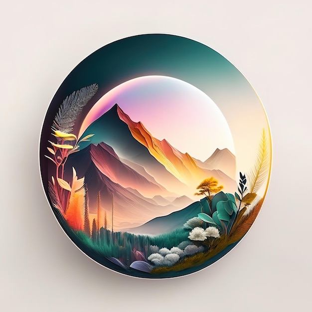 Logo rond avec nature avec plantes et montagnes aux couleurs douces IA générative