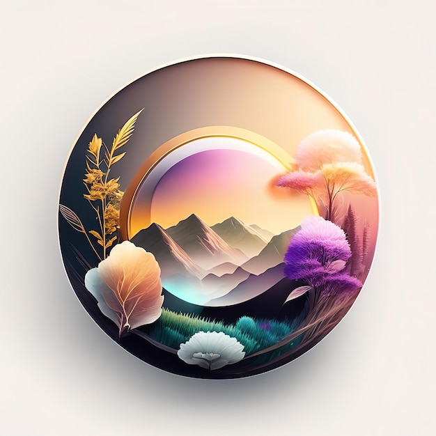 Logo rond avec nature avec plantes et montagnes aux couleurs douces IA générative