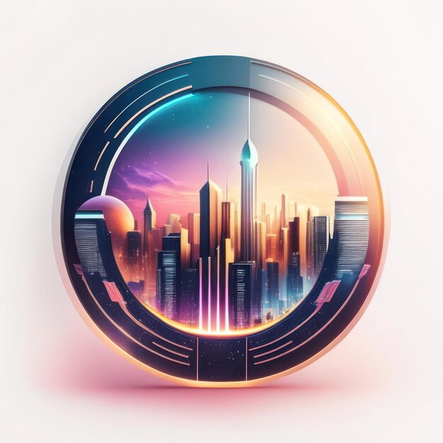 Photo logo rond avec une ville futuriste en couleurs douces ai générative