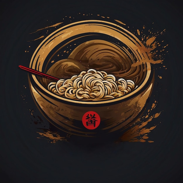 Logo de style japonais de nouilles ramen dans un bol avec une couleur rouge or et un fond noir foncé