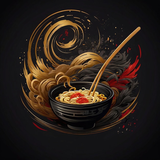 logo de style japonais de nouilles ramen dans une coupe avec une icône avec des coups de pinceau de flamme à fond noir et rouge