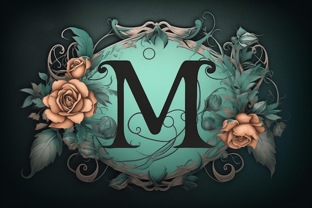 Photo logo de style de tatouage utilisant la lettre m roses filigrane teal et argent