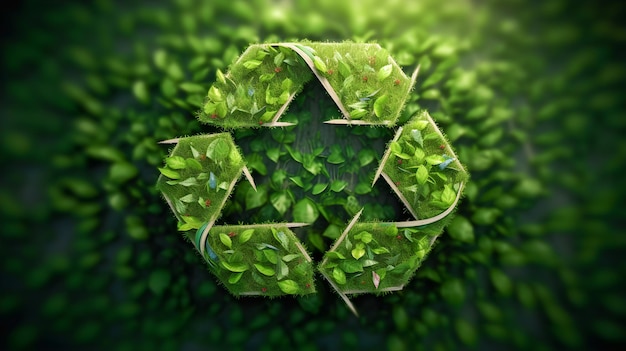 Logo ou symbole de recyclage intégré dans la nature avec des feuilles vertes Concept de recyclage de l'écologie de la durabilité et du soin de la planète terre