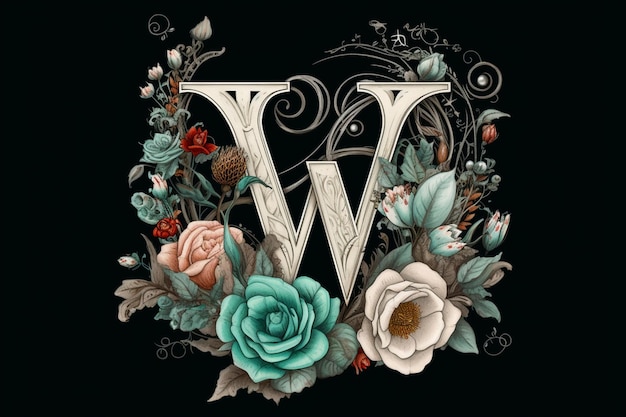 Logo Tattoostyle utilisant la lettre W roses en filigrane bleu sarcelle et argent