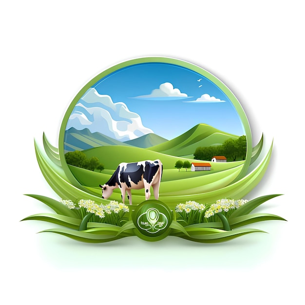 logo de vache laitière orné de paysages de montagne et de fermes dans l'image
