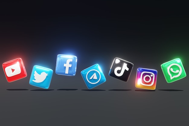 Photo logos de médias sociaux brillants 3d avec fond sombre et position côte à côte