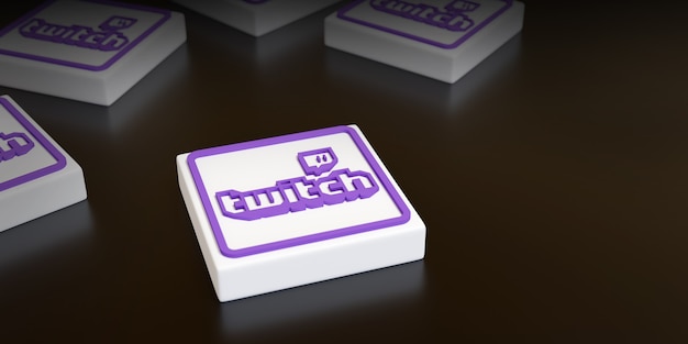 Logos Twitch en trois dimensions sur fond noir.