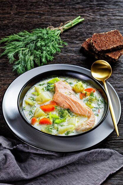 Lohikeitto, soupe de poisson au saumon avec crème, pomme de terre, carottes, poireau et aneth dans un bol noir sur une table en bois sombre avec pain de seigle, cuisine finlandaise, plat classique, vue verticale d'en haut