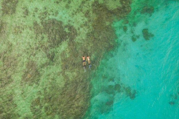 Éloignez vos ennuis à la nage Prise de vue en grand angle d'un couple méconnaissable nageant dans les eaux de Raja Ampat