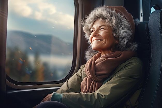 Loin de l'agitation de la grande ville une femme d'âge moyen voyage en train elle s'assoit dans des vêtements chauds à la fenêtre et sourit