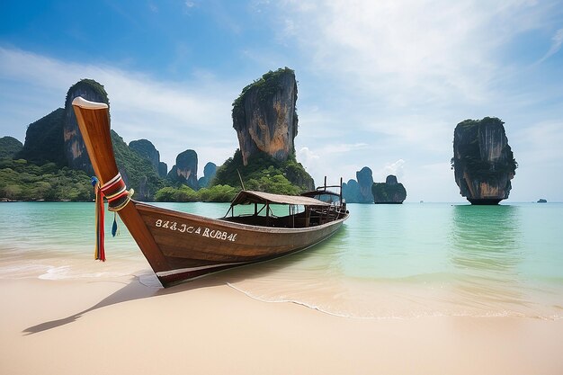 Photo long bateau et des rochers sur la plage de krabi en thaïlande