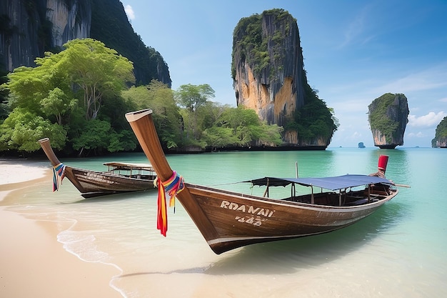 long bateau et des rochers sur la plage de Krabi en Thaïlande