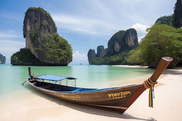 Photo long bateau et des rochers sur la plage de krabi en thaïlande