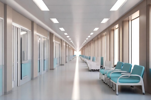 Long corridor lumineux de l'hôpital avec des chambres et des sièges bleus rendu 3D