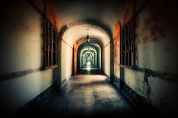 Un long couloir dans l'ancienne prison Un intérieur sombre avec des murs minables Un bâtiment abandonné délabré une toile de fond épouvantable générée par l'IA