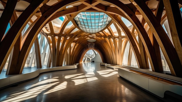 Un long couloir avec un dôme en verre et un plafond en bois avec une lumière dessus.