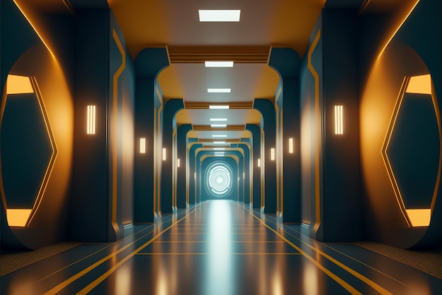 Long couloir futuriste bleu et jaune avec fenêtre ronde Generative AI