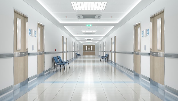 Long couloir d'hôpital avec des sièges vides