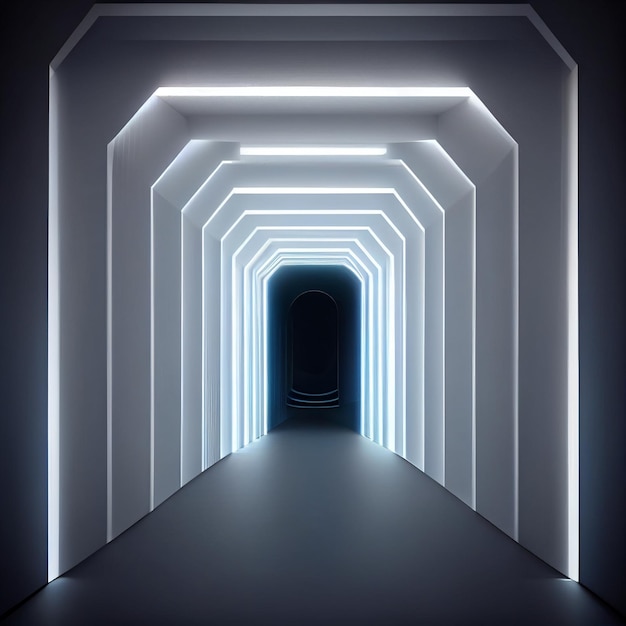 Photo le long couloir avec lueur lumineuse, style futuriste généré par ai.