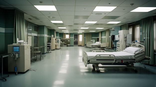 Long couloir lumineux d'hôpital avec chambres et sièges bleus rendu 3D