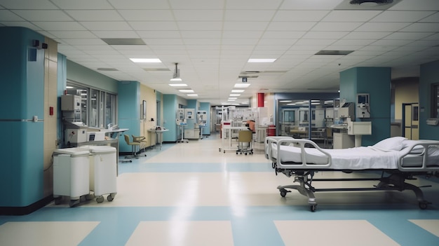 Long couloir lumineux d'hôpital avec chambres et sièges rendu 3D