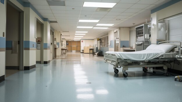 Long couloir lumineux d'hôpital avec chambres et sièges rendu 3D