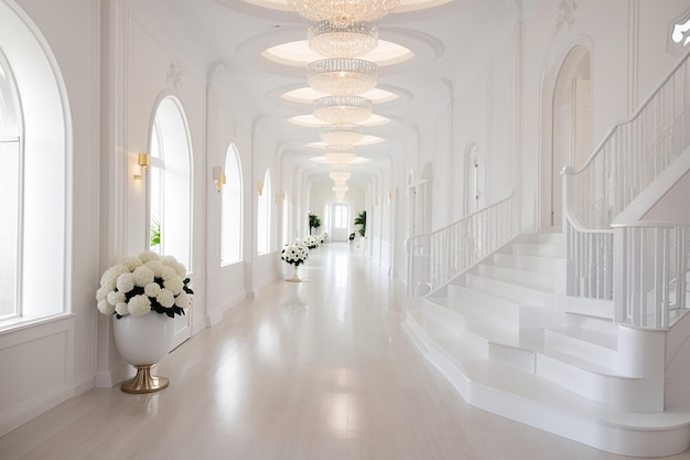 Long couloir luxueux avec escalier blanc