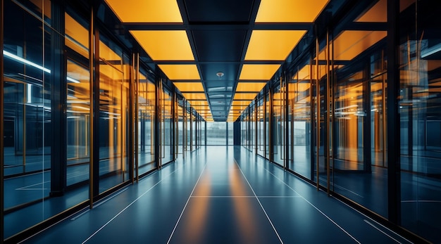 Photo un long couloir avec de nombreuses portes et fenêtres avec une lumière jaune sur le plafond